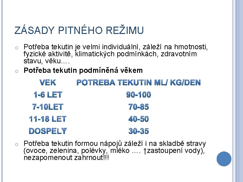 ZÁSADY PITNÉHO REŽIMU Potřeba tekutin je velmi individuální, záleží na hmotnosti, fyzické aktivitě, klimatických