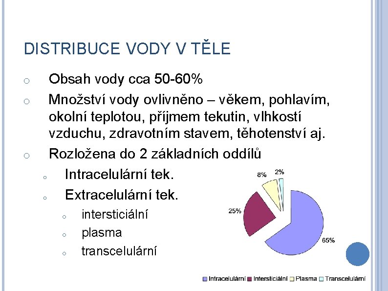 DISTRIBUCE VODY V TĚLE Obsah vody cca 50 -60% o Množství vody ovlivněno –