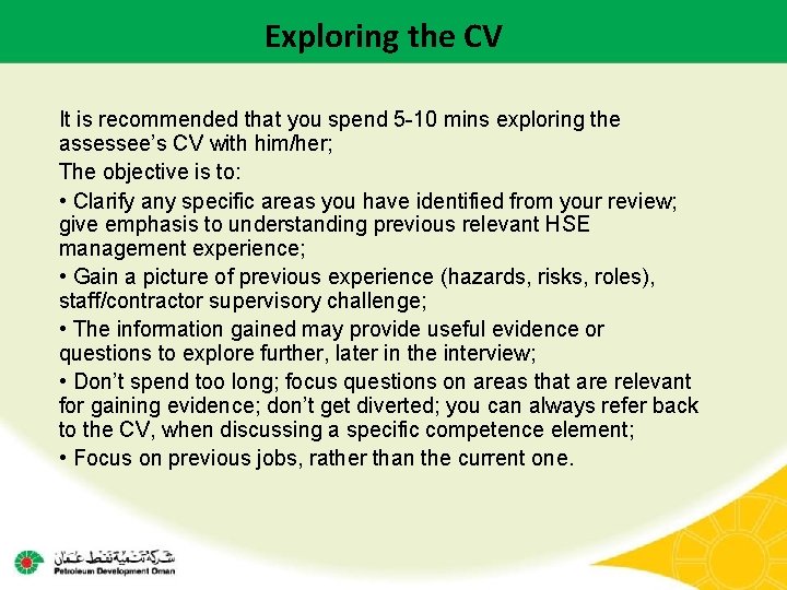 Competence Assessment Coaching Session PDO Expectations Safety Safety