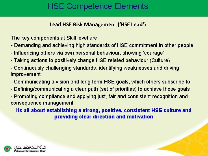 HSE Competence Elements Lead HSE Risk Management (‘HSE Lead’) The key components at Skill HSE Competence Elements Lead HSE Risk Management (‘HSE Lead’) The key components at Skill