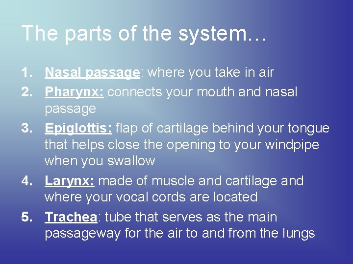 The parts of the system… 1. Nasal passage: where you take in air 2.