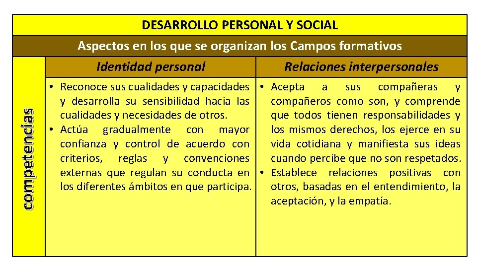 DESARROLLO PERSONAL Y SOCIAL Aspectos en los que se organizan los Campos formativos competencias