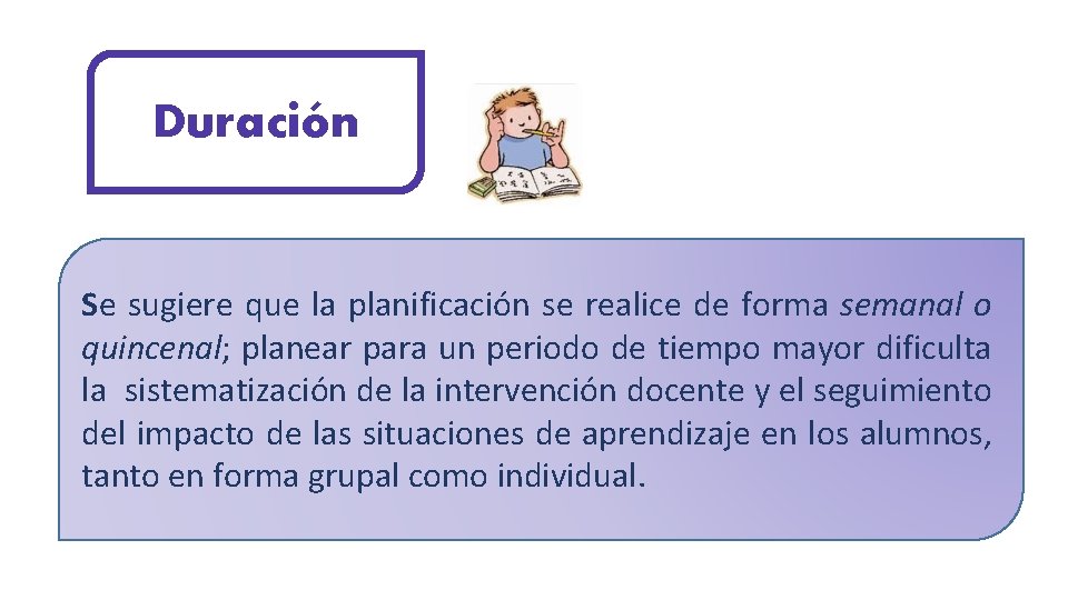 Duración Se sugiere que la planificación se realice de forma semanal o quincenal; planear