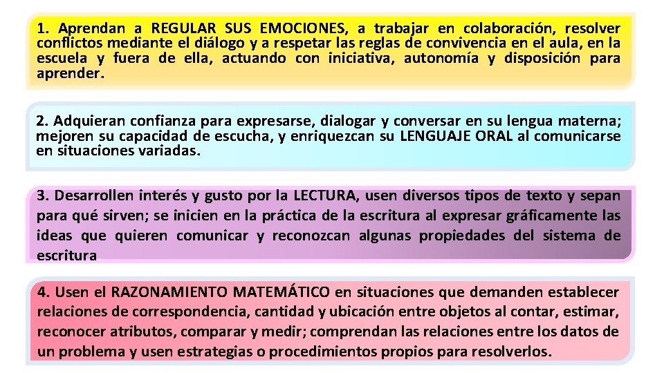 1. Aprendan a REGULAR SUS EMOCIONES, a trabajar en colaboración, resolver conflictos mediante el