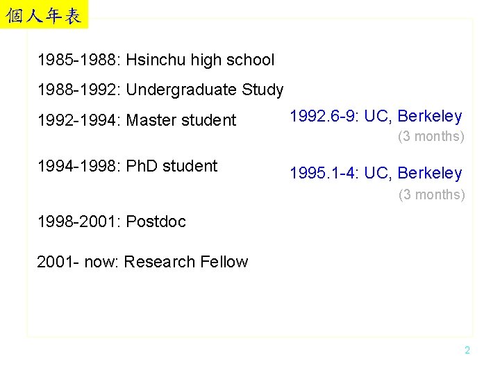 個人年表 1985 -1988: Hsinchu high school 1988 -1992: Undergraduate Study 1992 -1994: Master student