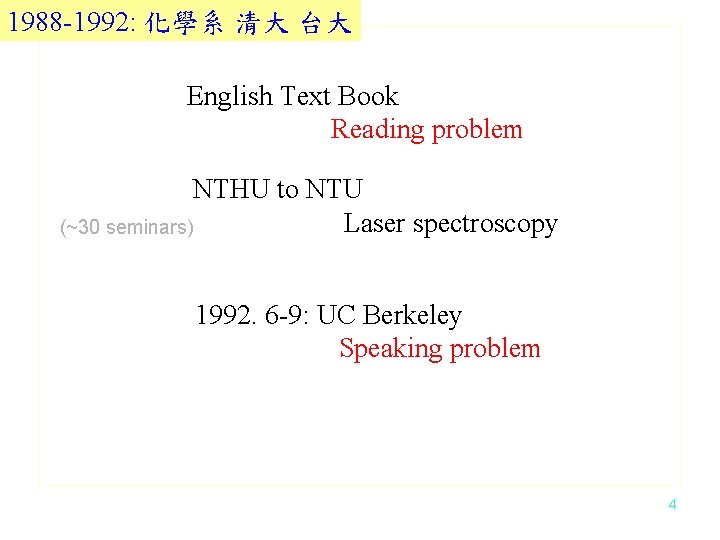 1988 -1992: 化學系 清大 台大 English Text Book Reading problem NTHU to NTU Laser