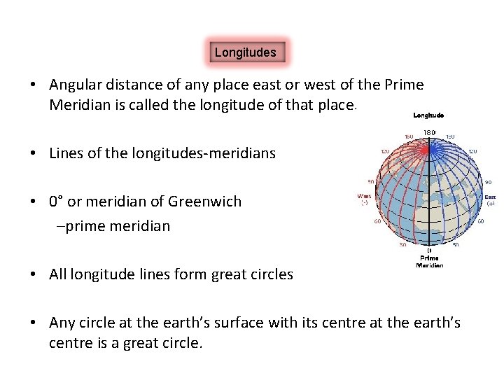 Longitudes • Angular distance of any place east or west of the Prime Meridian