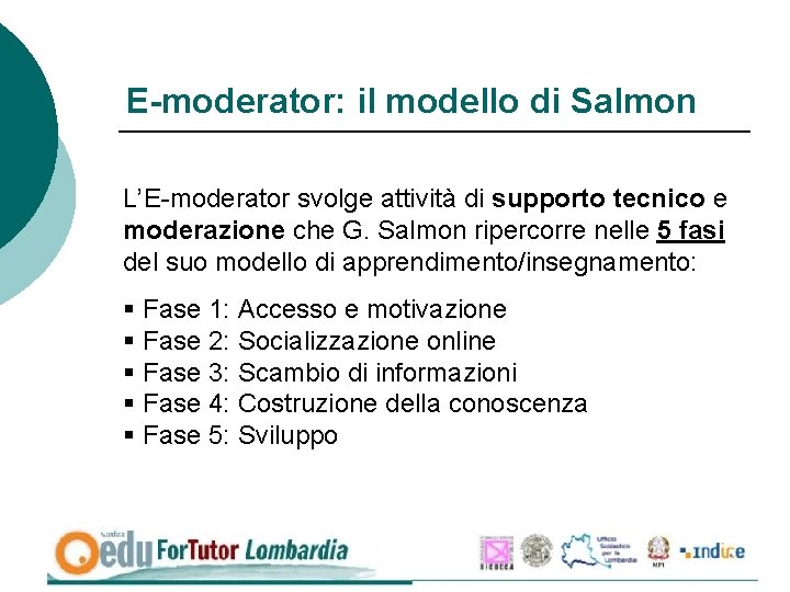 E-moderator: il modello di Salmon L’E-moderator svolge attività di supporto tecnico e moderazione che