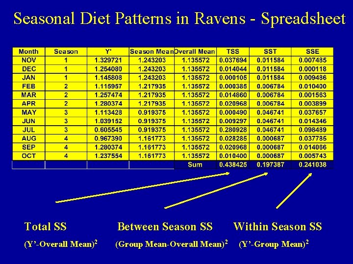 Seasonal Diet Patterns in Ravens - Spreadsheet Total SS Between Season SS (Y’-Overall Mean)2