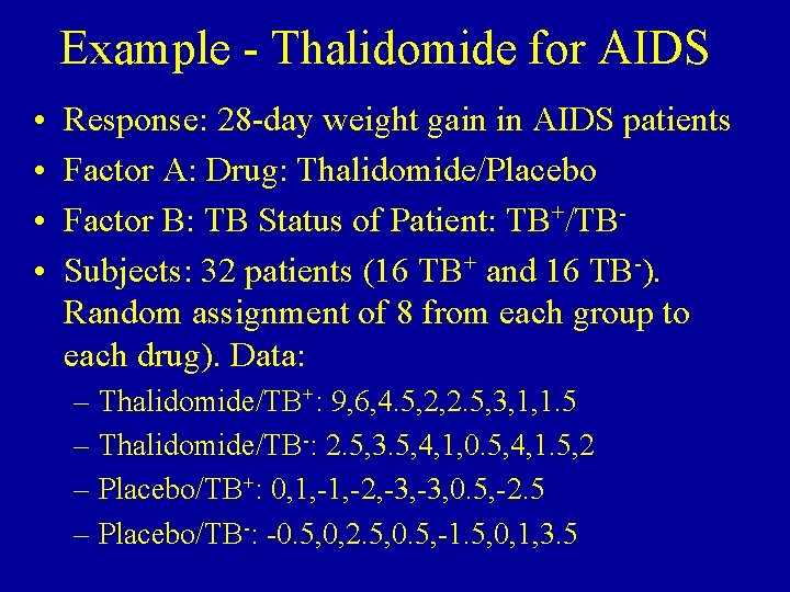 Example - Thalidomide for AIDS • • Response: 28 -day weight gain in AIDS