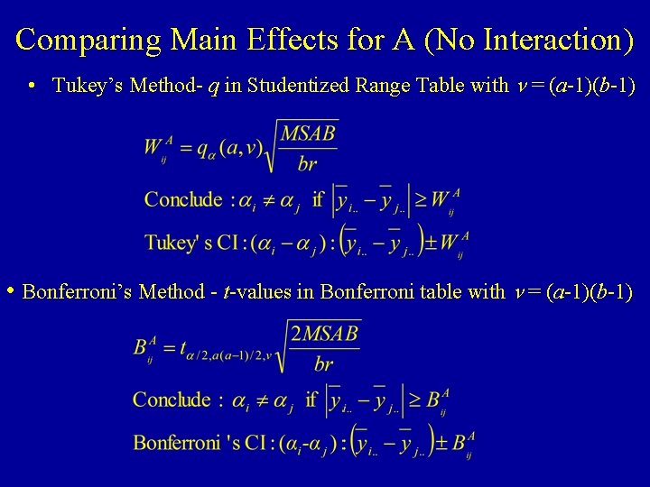 Comparing Main Effects for A (No Interaction) • Tukey’s Method- q in Studentized Range