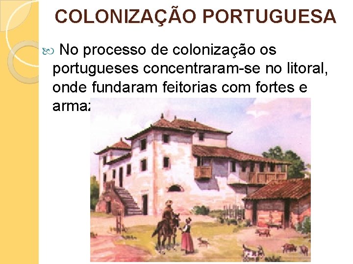 COLONIZAÇÃO PORTUGUESA No processo de colonização os portugueses concentraram-se no litoral, onde fundaram feitorias