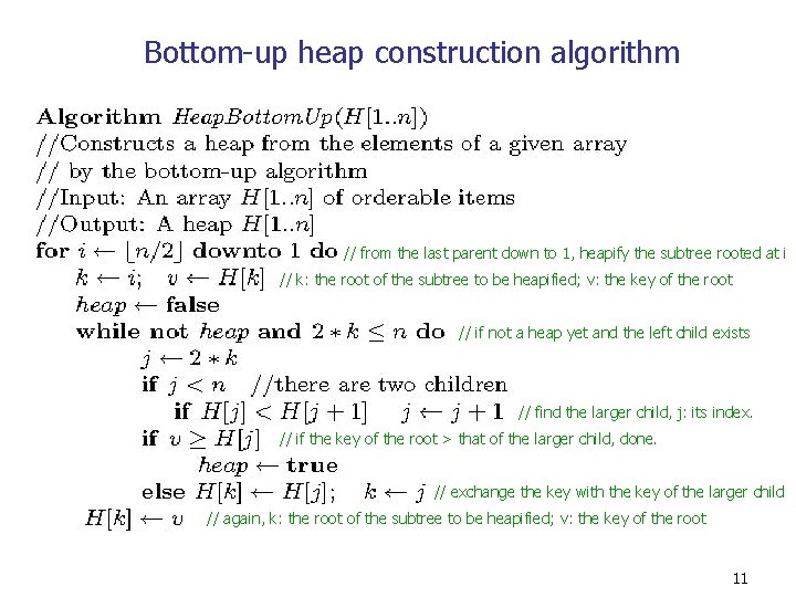 Bottom-up heap construction algorithm // from the last parent down to 1, heapify the