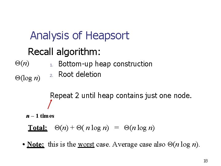 Analysis of Heapsort Recall algorithm: Θ(n) Θ(log n) 1. 2. Bottom-up heap construction Root