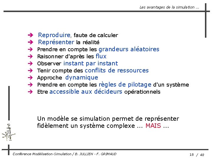 Les avantages de la simulation. . . è Reproduire, faute de calculer è Représenter