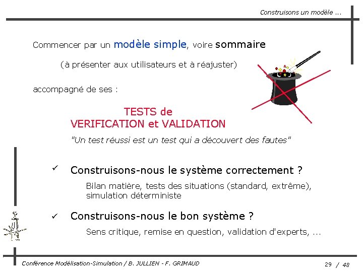 Construisons un modèle. . . Commencer par un modèle simple, voire sommaire (à présenter