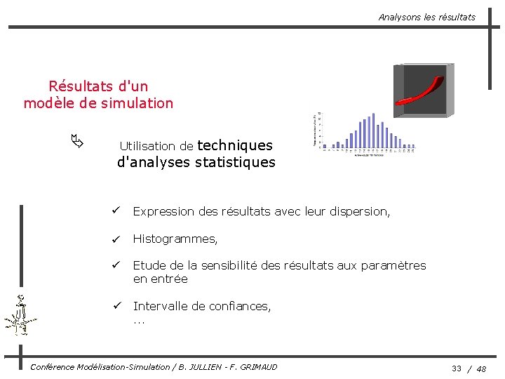 Analysons les résultats Résultats d'un modèle de simulation Ä techniques d'analyses statistiques Utilisation de