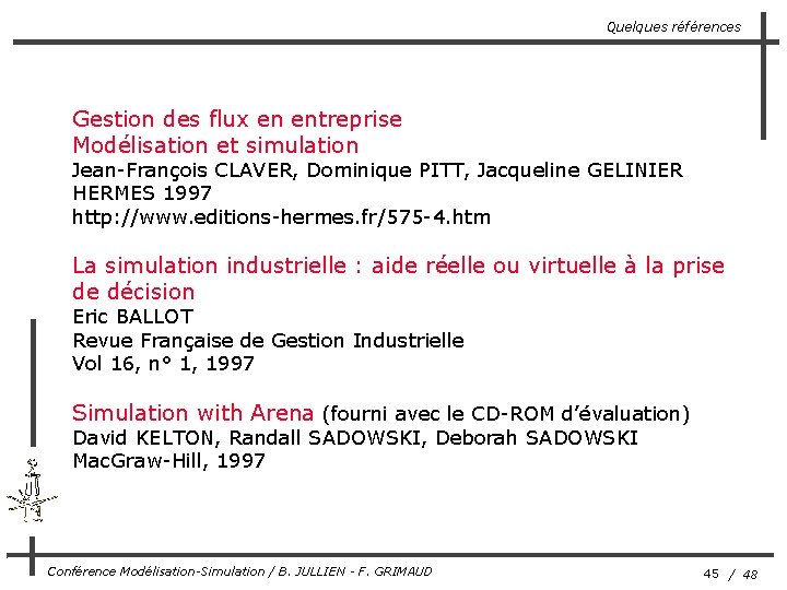 Quelques références Gestion des flux en entreprise Modélisation et simulation Jean-François CLAVER, Dominique PITT,