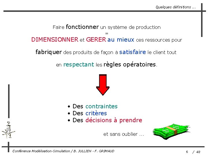 Quelques définitions. . . Faire fonctionner un système de production = DIMENSIONNER et GERER