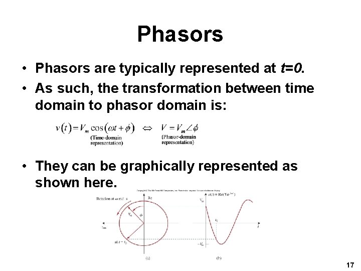 Phasors • Phasors are typically represented at t=0. • As such, the transformation between