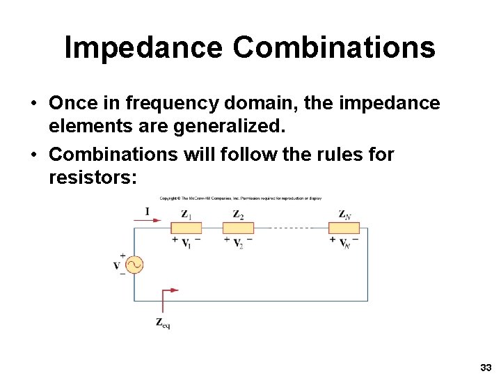 Impedance Combinations • Once in frequency domain, the impedance elements are generalized. • Combinations