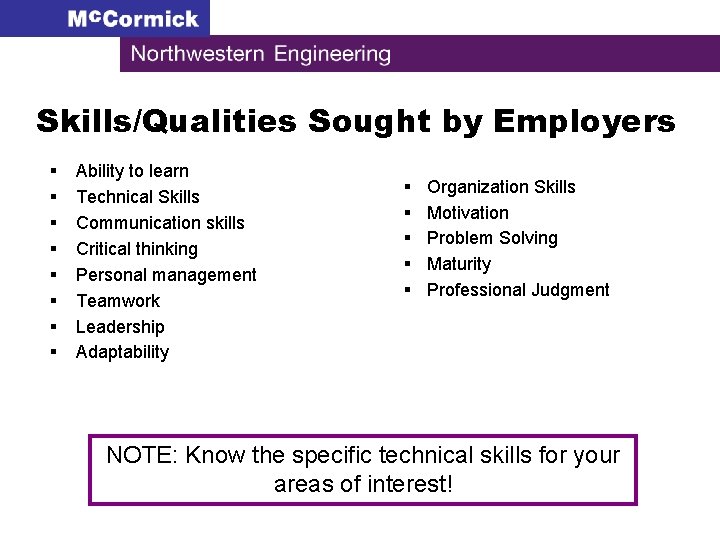 Skills/Qualities Sought by Employers § § § § Ability to learn Technical Skills Communication