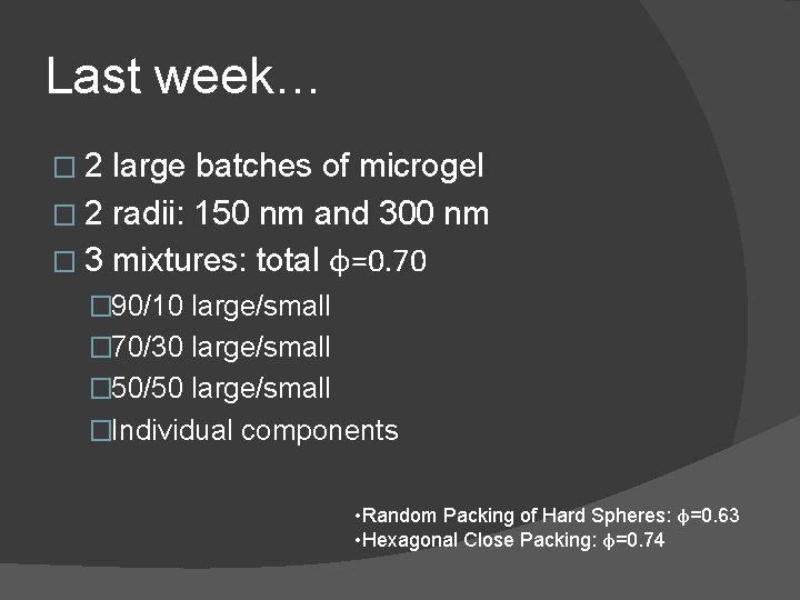 Last week… � 2 large batches of microgel � 2 radii: 150 nm and