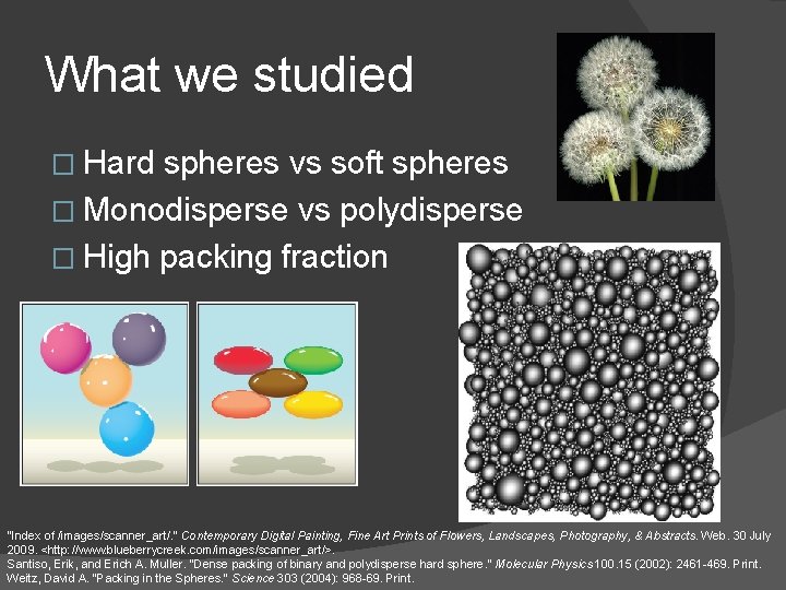 What we studied � Hard spheres vs soft spheres � Monodisperse vs polydisperse �