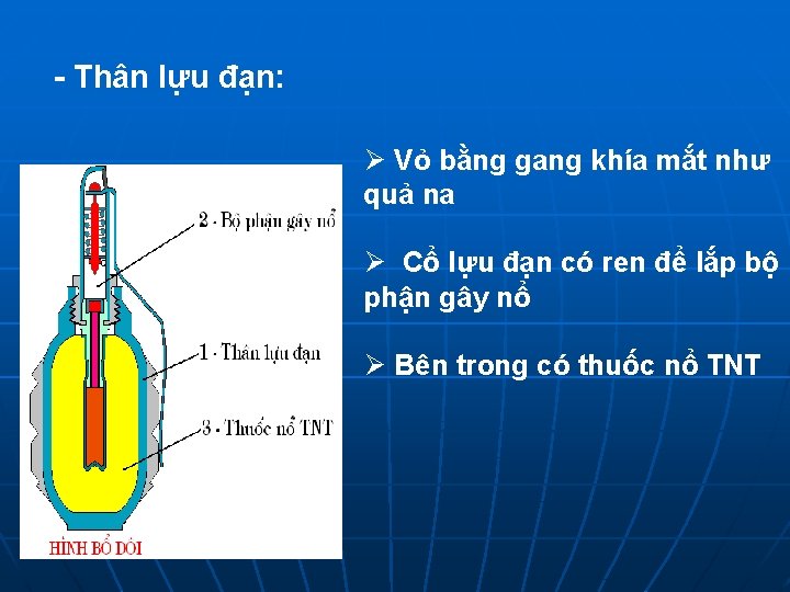 - Thân lựu đạn: Ø Vỏ bằng gang khía mắt như quả na Ø - Thân lựu đạn: Ø Vỏ bằng gang khía mắt như quả na Ø