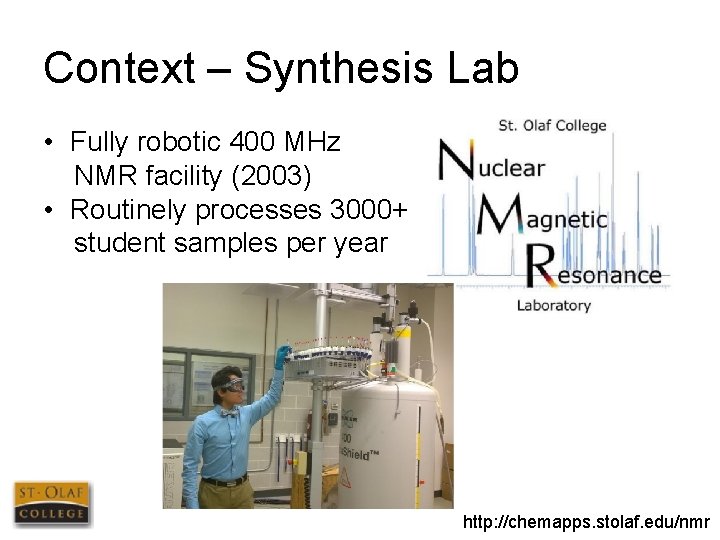 Context – Synthesis Lab • Fully robotic 400 MHz NMR facility (2003) • Routinely