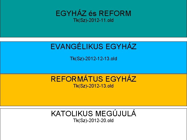 EGYHÁZ és REFORM Tk(Sz)-2012 -11. old EVANGÉLIKUS EGYHÁZ Tk(Sz)-2012 -12 -13. old REFORMÁTUS EGYHÁZ