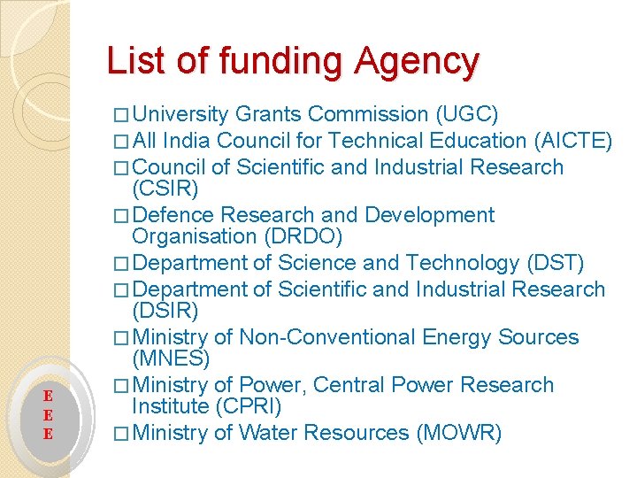 List of funding Agency � University Grants Commission (UGC) � All India Council for