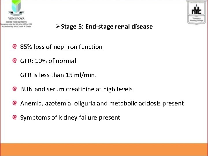 ØStage 5: End-stage renal disease 85% loss of nephron function GFR: 10% of normal