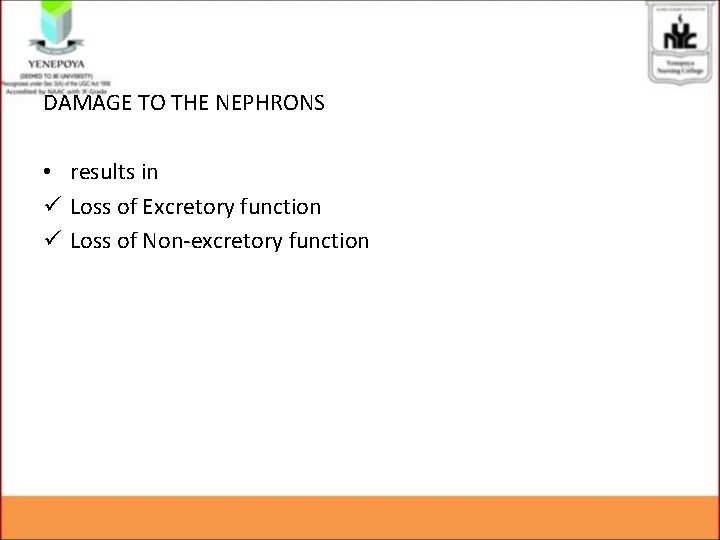 DAMAGE TO THE NEPHRONS • results in ü Loss of Excretory function ü Loss