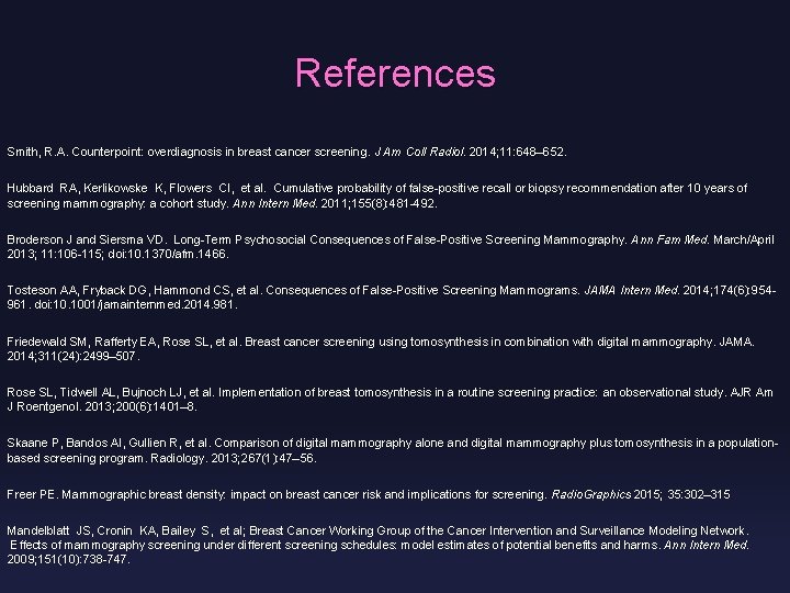 References Smith, R. A. Counterpoint: overdiagnosis in breast cancer screening. J Am Coll Radiol.