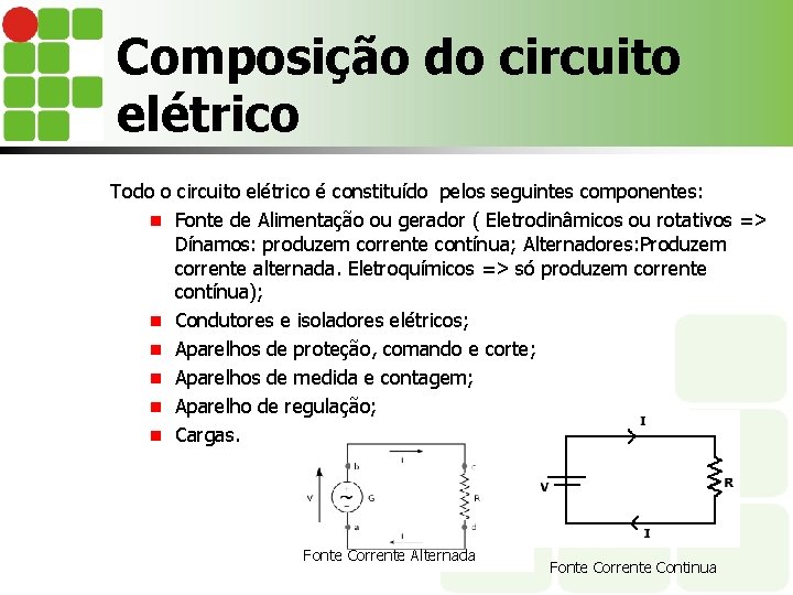 Composição do circuito elétrico Todo o circuito elétrico é constituído pelos seguintes componentes: n