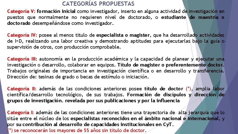 CATEGORÍAS PROPUESTAS Categoría V: formación inicial como investigador, inserto en alguna actividad de investigación