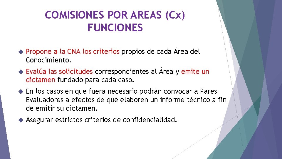 COMISIONES POR AREAS (Cx) FUNCIONES Propone a la CNA los criterios propios de cada