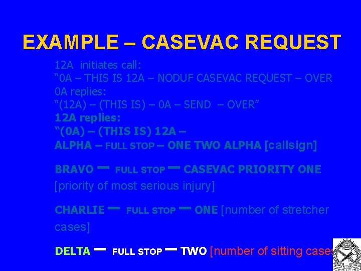 EXAMPLE – CASEVAC REQUEST 12 A initiates call: “ 0 A – THIS IS