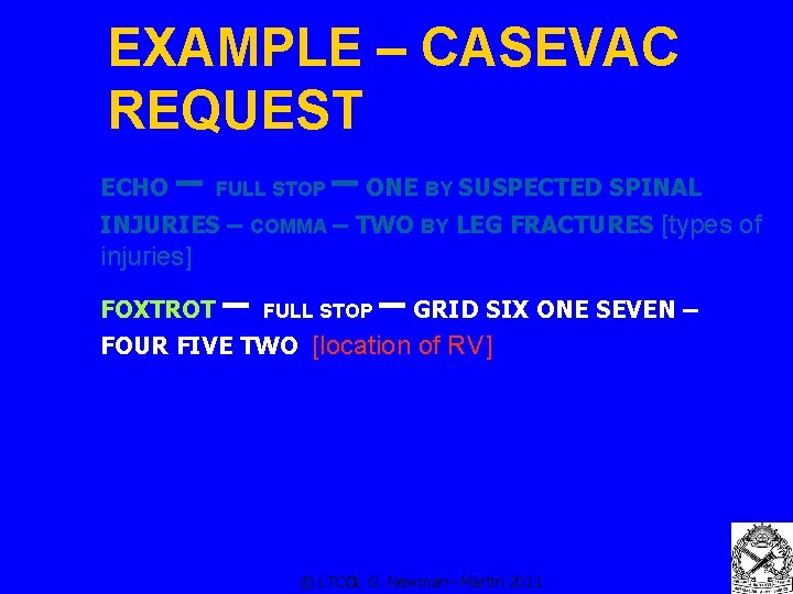 EXAMPLE – CASEVAC REQUEST ECHO – FULL STOP – ONE BY SUSPECTED SPINAL INJURIES
