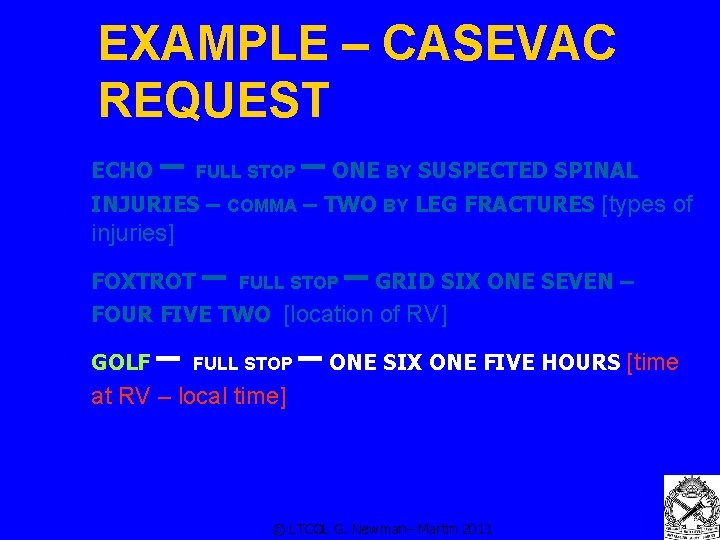 EXAMPLE – CASEVAC REQUEST ECHO – FULL STOP – ONE BY SUSPECTED SPINAL INJURIES