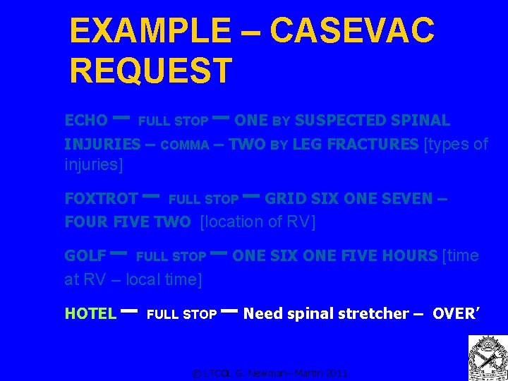 EXAMPLE – CASEVAC REQUEST ECHO – FULL STOP – ONE BY SUSPECTED SPINAL INJURIES
