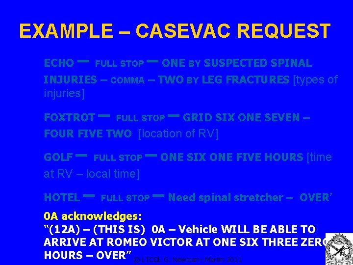 EXAMPLE – CASEVAC REQUEST ECHO – FULL STOP – ONE BY SUSPECTED SPINAL INJURIES