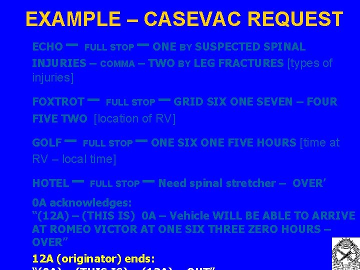 EXAMPLE – CASEVAC REQUEST ECHO – FULL STOP – ONE BY SUSPECTED SPINAL INJURIES