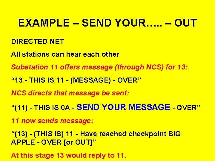 EXAMPLE – SEND YOUR…. . – OUT DIRECTED NET All stations can hear each