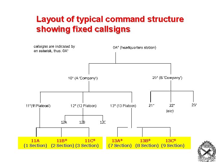Layout of typical command structure showing fixed callsigns 12* (12 Platoon) 13* (13 Platoon)