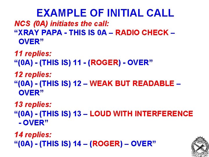 EXAMPLE OF INITIAL CALL NCS (0 A) initiates the call: “XRAY PAPA - THIS