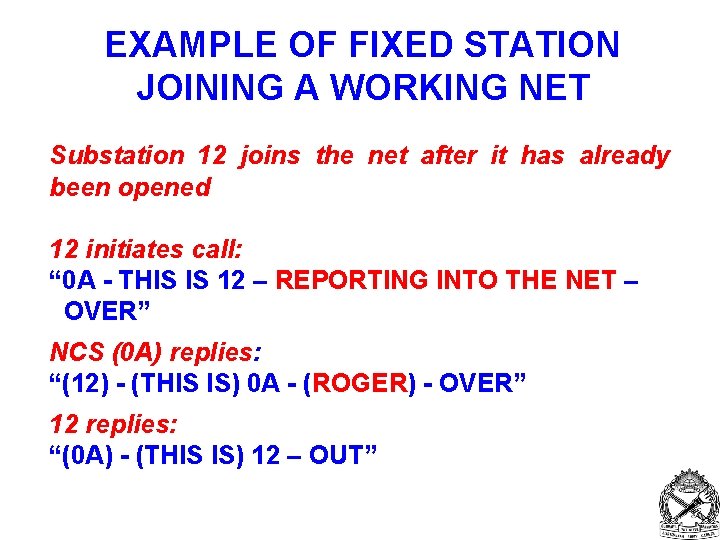 EXAMPLE OF FIXED STATION JOINING A WORKING NET Substation 12 joins the net after