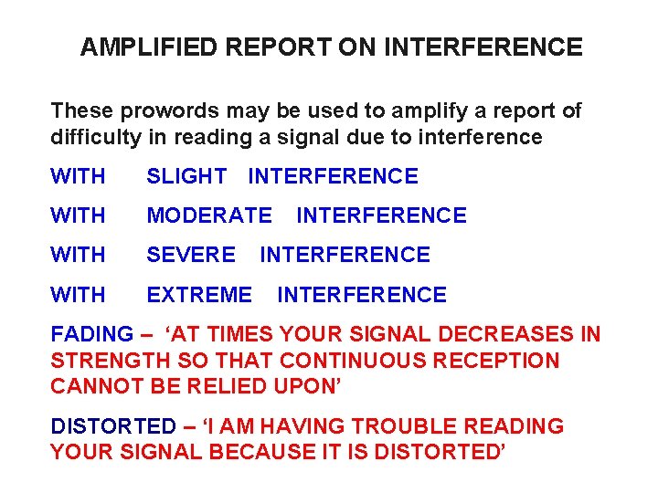 AMPLIFIED REPORT ON INTERFERENCE These prowords may be used to amplify a report of