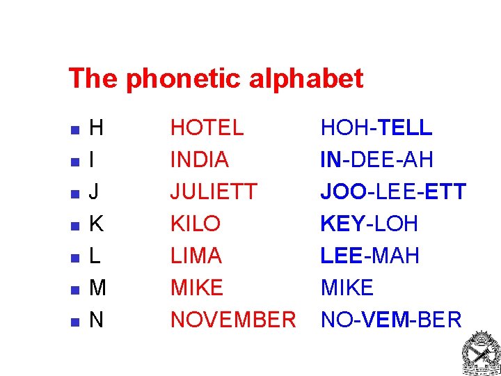 The phonetic alphabet n n n n H I J K L M N